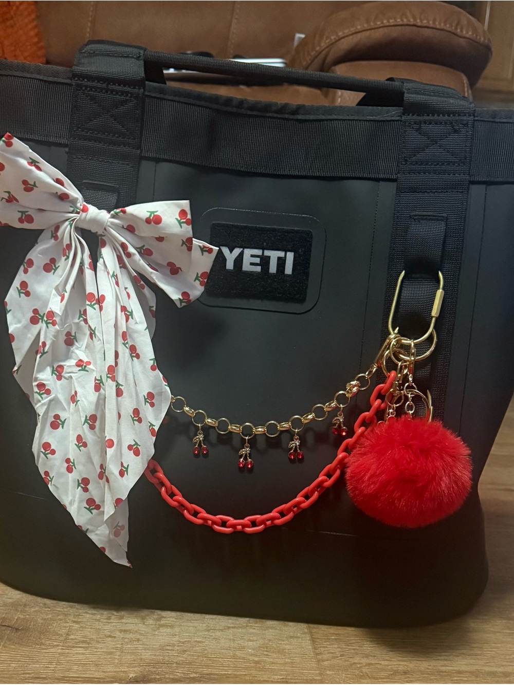 YETI Camino 35 with Red Pom-Pom Charm, Red Chain and Cherry Scarf
